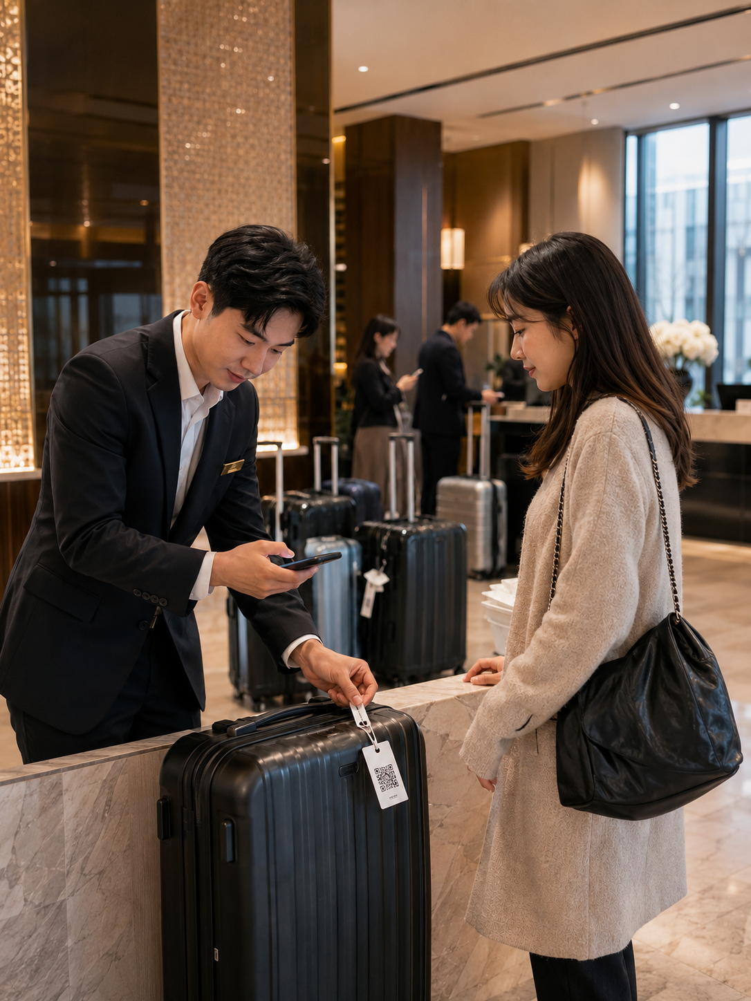 ホテルのフロントで、スタッフが宿泊者から預かったスーツケースに番号札を取り付け、スマートフォンでQRコードを読み取って手荷物預かり情報を登録している写真品質のイメージ。背景にはチェックイン前のロビーと複数の手荷物があり。