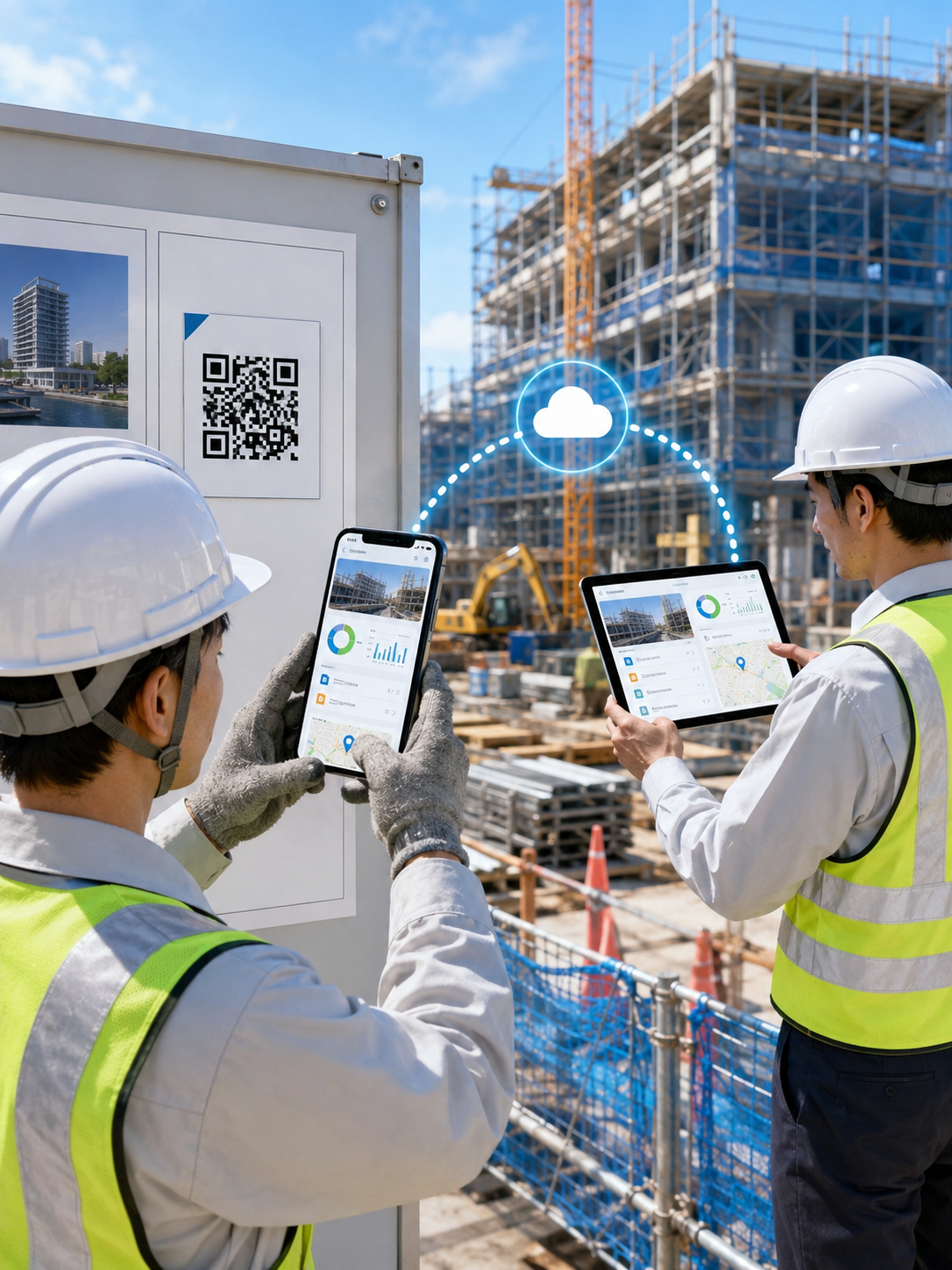 建設現場で作業員が掲示されたQRコードをスマートフォンで読み取り、現場の進捗・写真・報告書・PDF・位置情報を確認しているイメージイラスト。背景に施工管理者がタブレットで同じ案件情報を確認している構図。