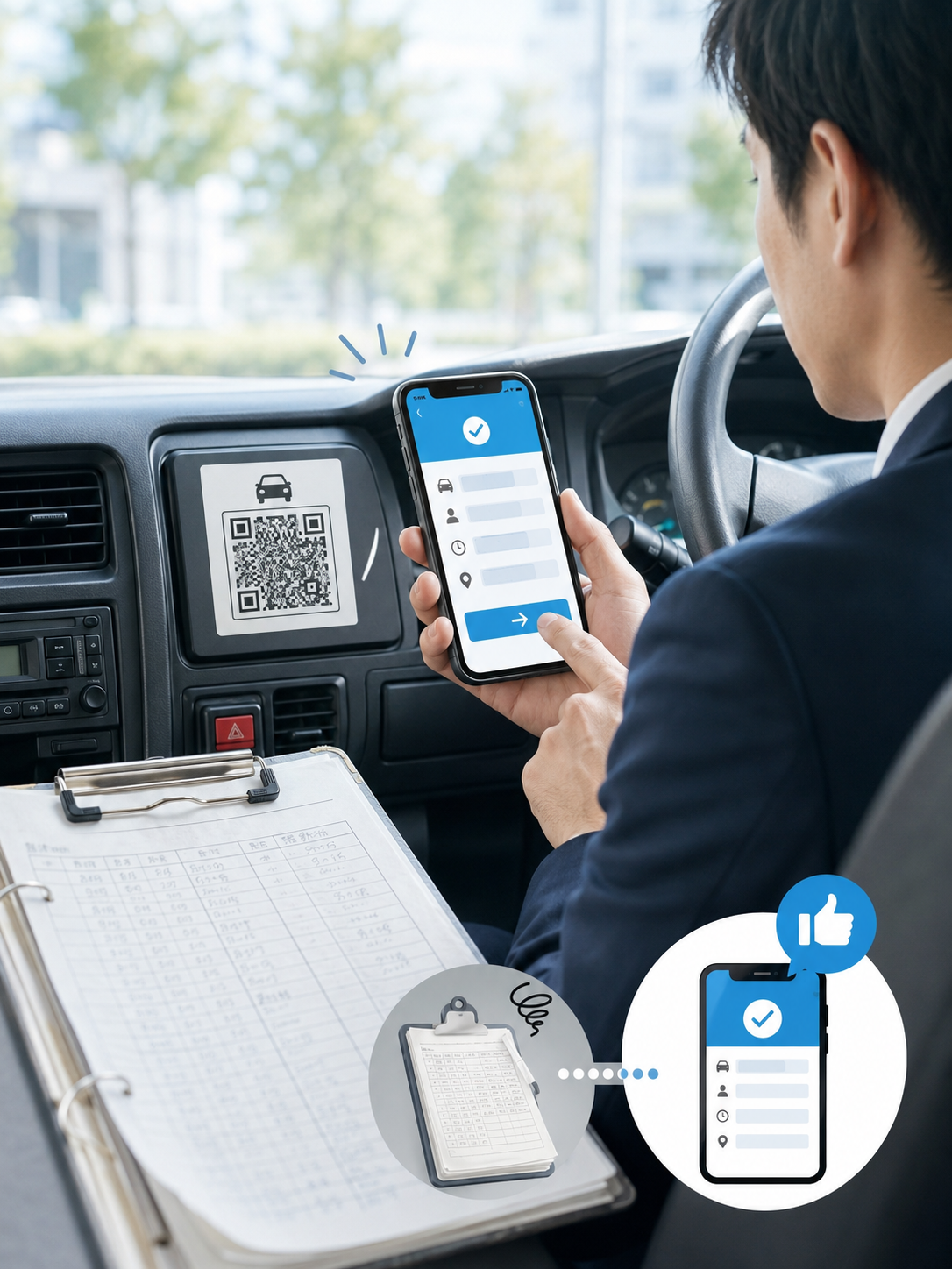 社用車の車内に設置されたQRコードを、運転者がスマートフォンで読み取っているイメージ。スマホ画面には運転記録フォームが表示され、車両・運転者・日時・場所が自動入力されている雰囲気。背景にバインダーの紙の運転記録簿があり、紙からスマホ管理へ移行する構図。