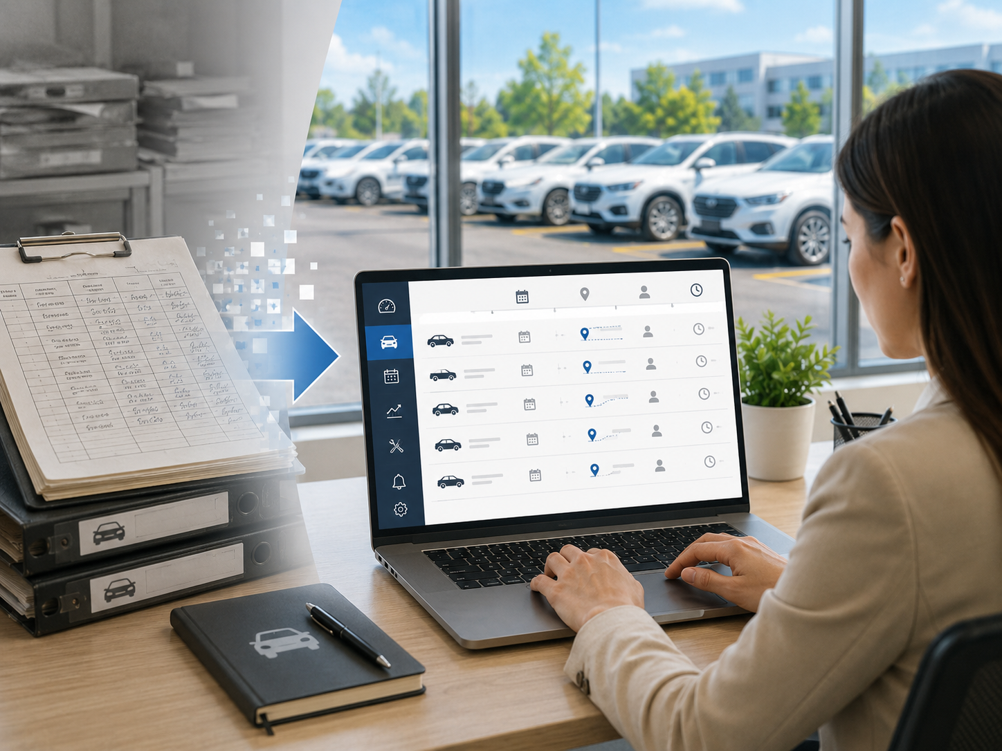 総務担当者が複数の社用車の利用履歴をノートPCで確認しているイメージ。駐車場に複数の社用車が並び、紙の記録簿からデジタル管理へ移行した雰囲気。