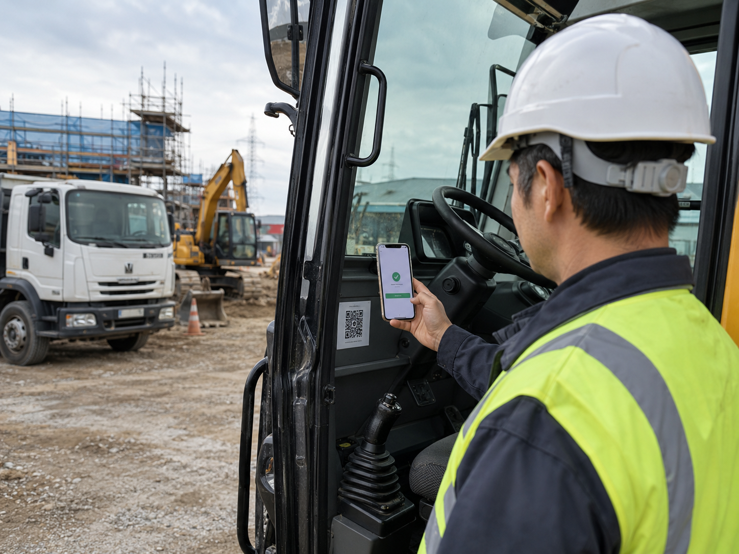 建設現場の駐車スペースで、工事車両の運転者がスマートフォンで車内QRコードを読み取り、現場移動の記録を残しているイメージ。