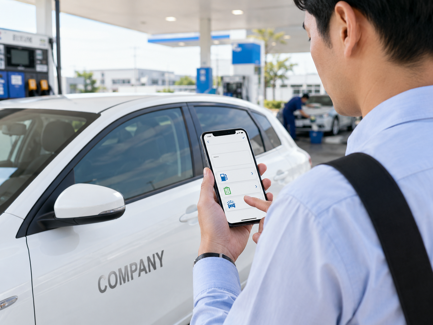 ガソリンスタンドや駐車場で、運転者が給油・点検・洗車などの車両メモをスマートフォンで登録しているイメージ。