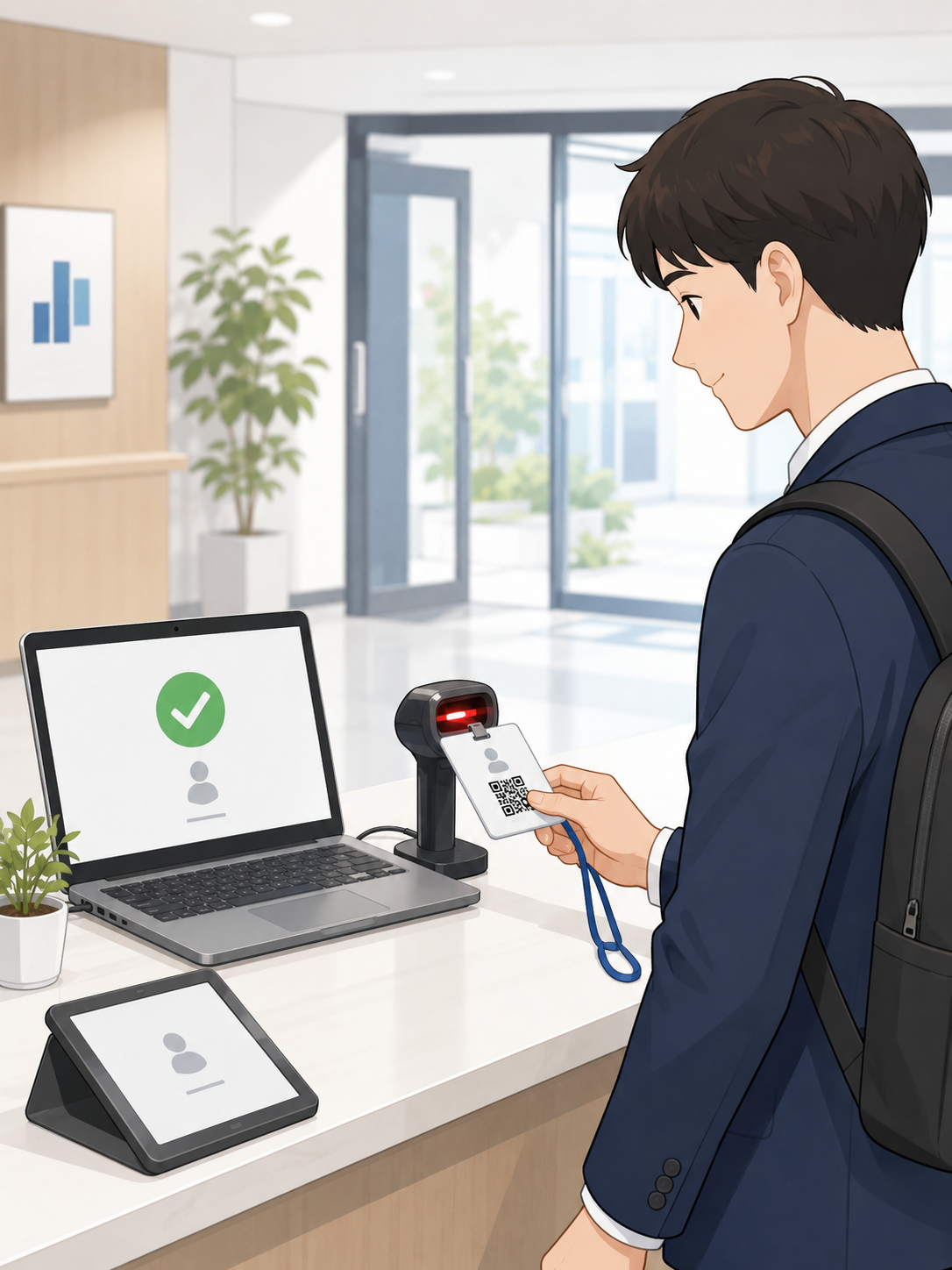 会社や施設の入口で、利用者が社員証のようなQRコードカードをバーコードリーダーにかざし、PC画面に入場記録が登録されている様子。大掛かりなゲートではなく、机上のPC・タブレット・バーコードリーダーで運用している横長のイメージイラスト。