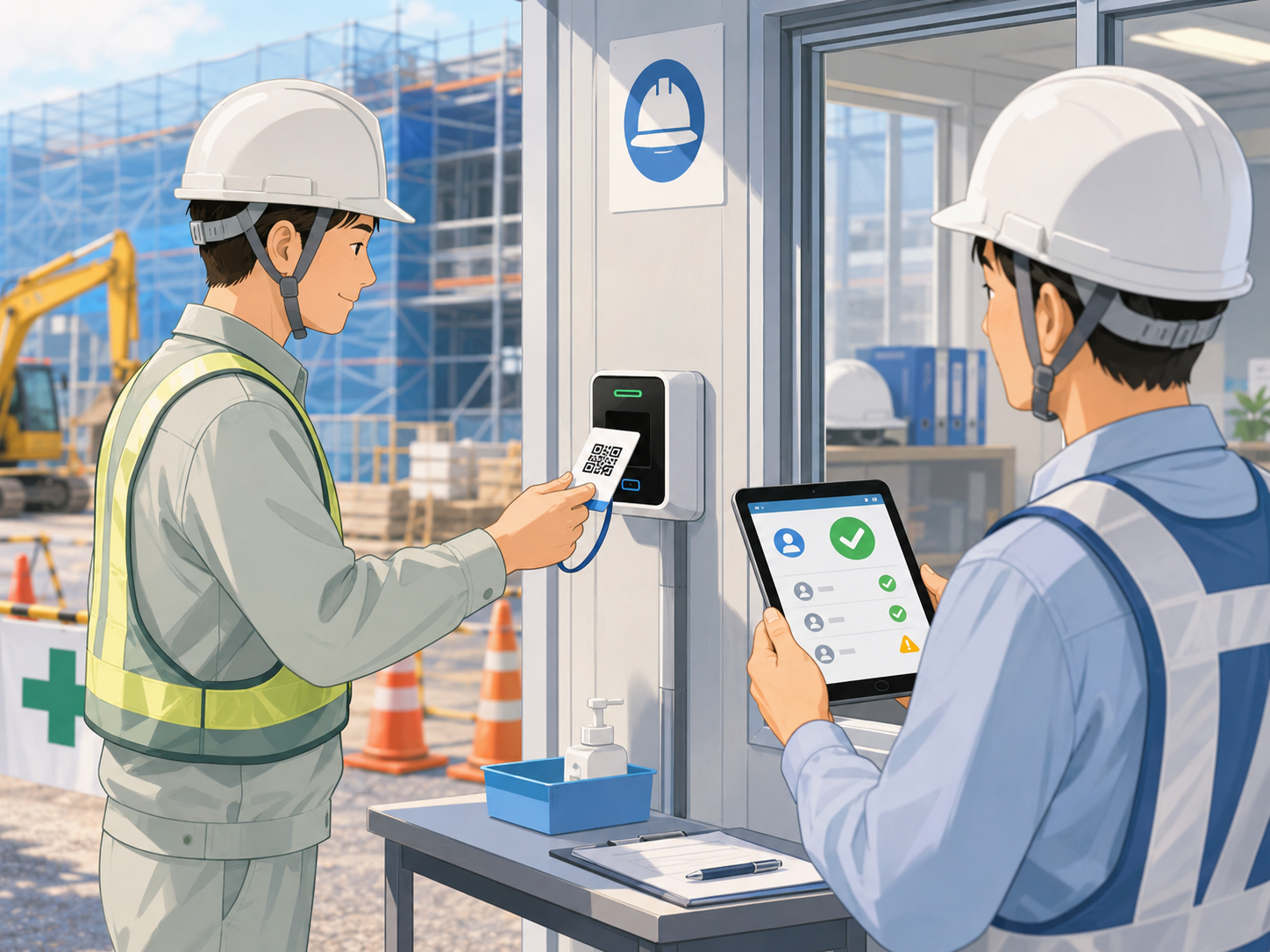 建設現場の入口でヘルメットをかぶった作業員がQRコードカードを読み取り、現場責任者がタブレットで入退場状況を確認しているイメージ。