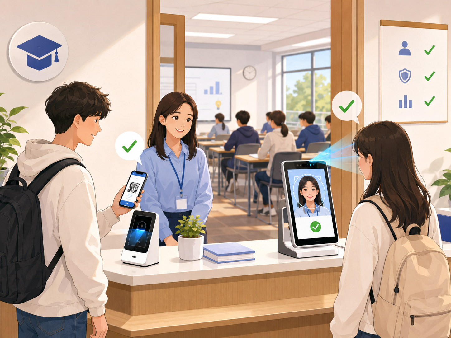 大学の教室または学習塾の受付で、受講生がQRコードまたは顔認証で出席登録しているイメージ。教室風景を背景にした明るいイラスト。