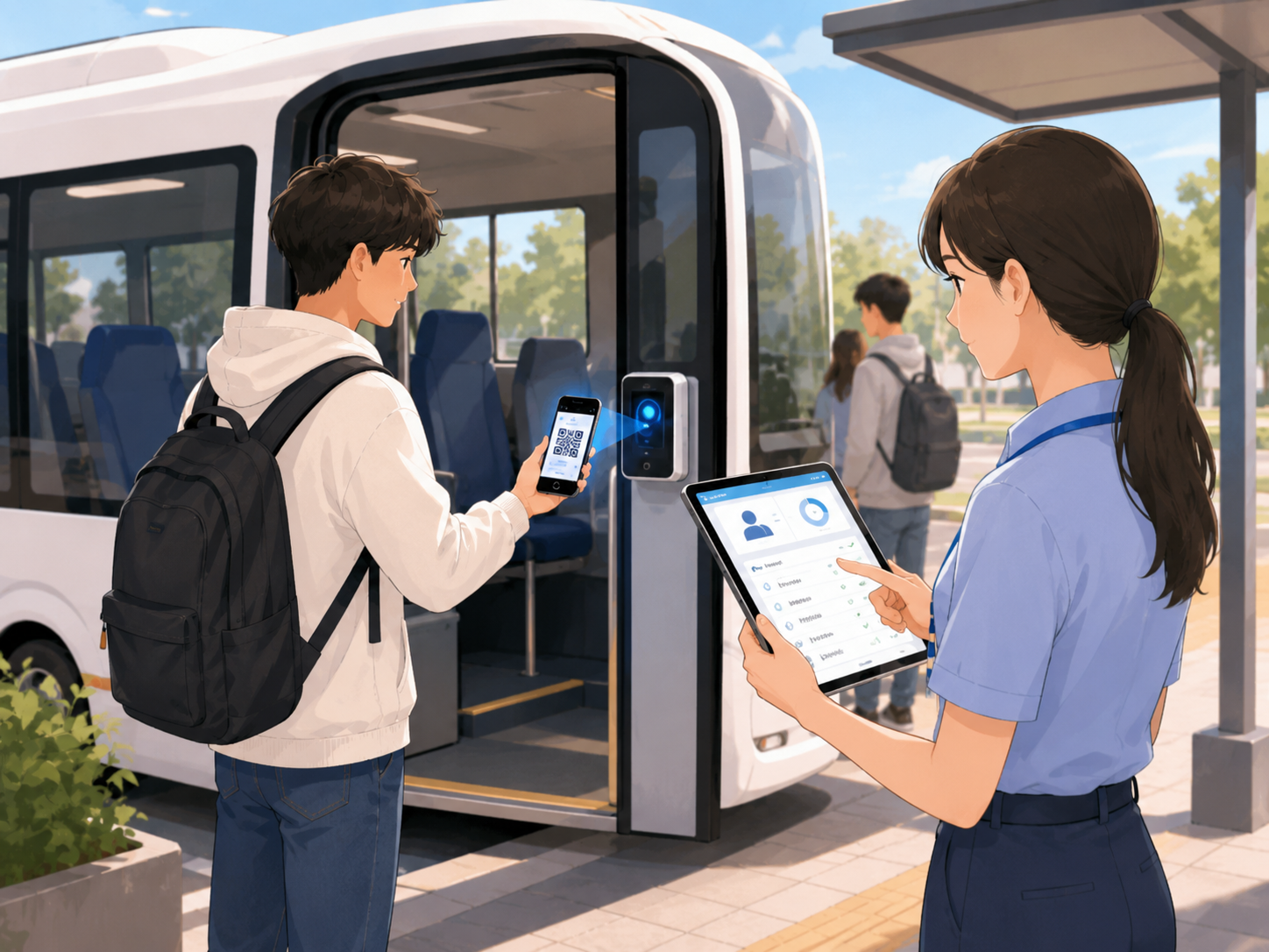 バスや送迎車の乗車口で、乗客がQRコードを読み取り、担当者が乗車人数や利用実績を確認しているイメージ。