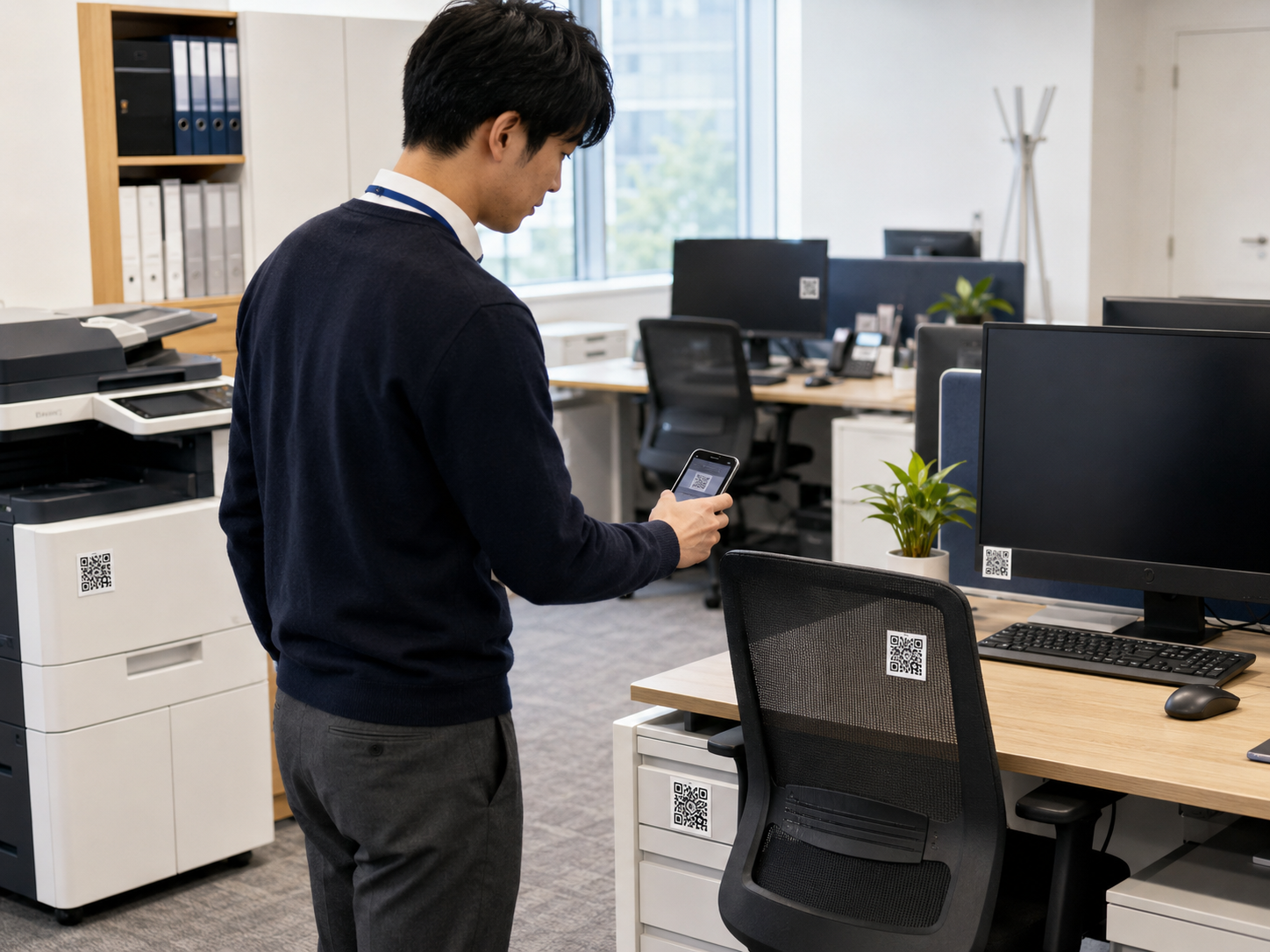 オフィス内の机、椅子、プリンタ、モニターなどの会社備品にQRコードシールが貼られているイメージ。総務担当者がスマートフォンで備品を確認している。画像内テキストは最小限。