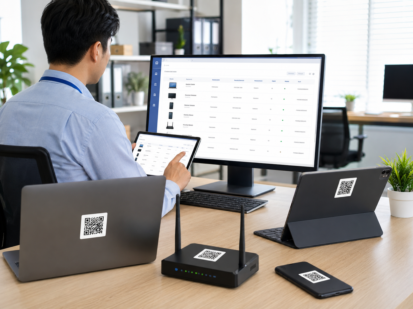 ノートPC、タブレット、スマートフォン、Wi-FiルーターなどのIT資産にQRコードラベルが貼られ、情報システム部スタッフが一覧管理しているイメージ。画像内テキストは最小限。