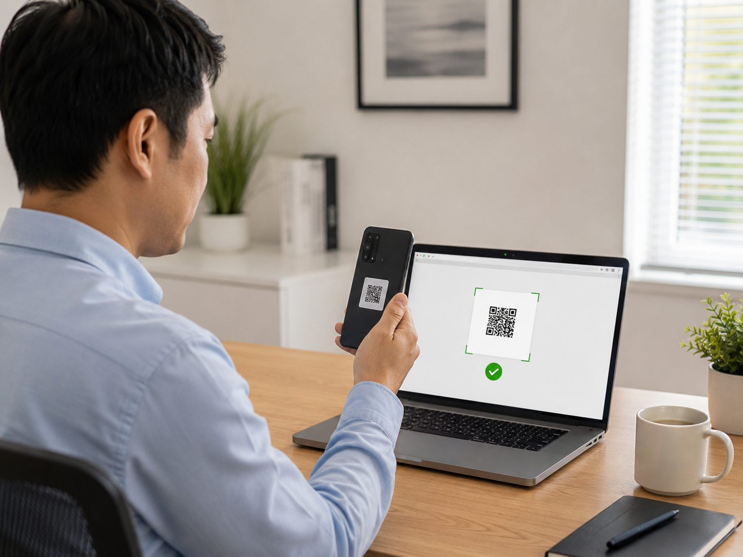 社員が自宅またはオフィスで会社貸与のスマートフォンに貼られたQRコードを、ノートPCのWebカメラにかざして棚卸し報告しているイメージ。画像内テキストは最小限。