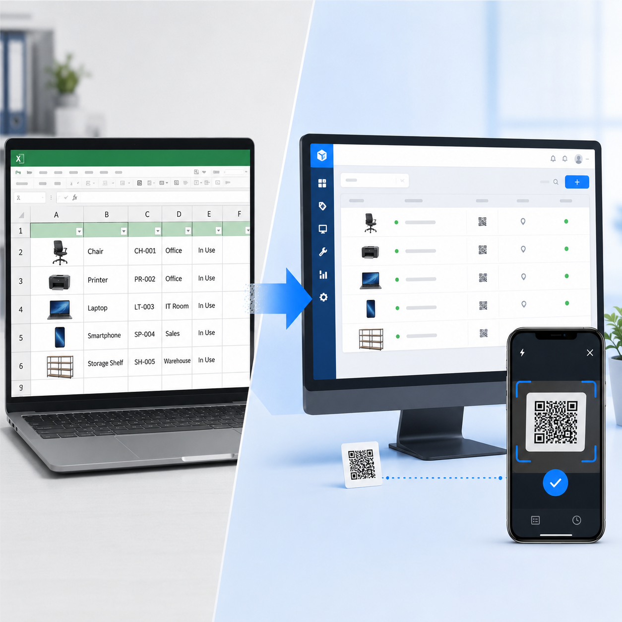 Excelの備品台帳が、スマートフォンとPCブラウザで確認できる備品管理画面に変換されている比較イメージ。左にExcel一覧、右にWebデータベースとQRコード読み取り画面。