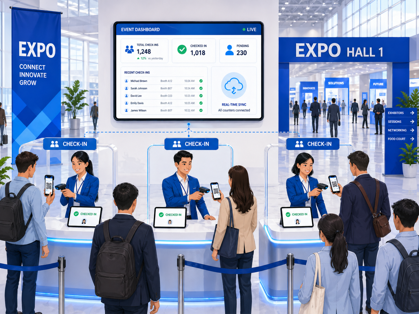 展示会や見本市の受付レーンで、複数スタッフが同時にQRコード受付をしているイメージ