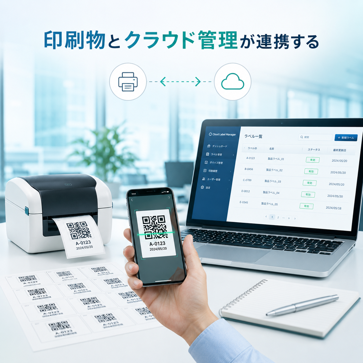 ラベル印刷会社向け協業提案のファーストビュー画像。明るい法人オフィスのテーブル上に、QRコード付きラベルシート、ラベルプリンター、スマートフォン、ノートPCが並ぶ。スマートフォンでQRラベルを読み取り、ノートPCにはクラウド管理画面が表示されている。印刷物とクラウド管理が連携するイメージ。青緑系トーン、清潔感のあるBtoB向け写真品質。