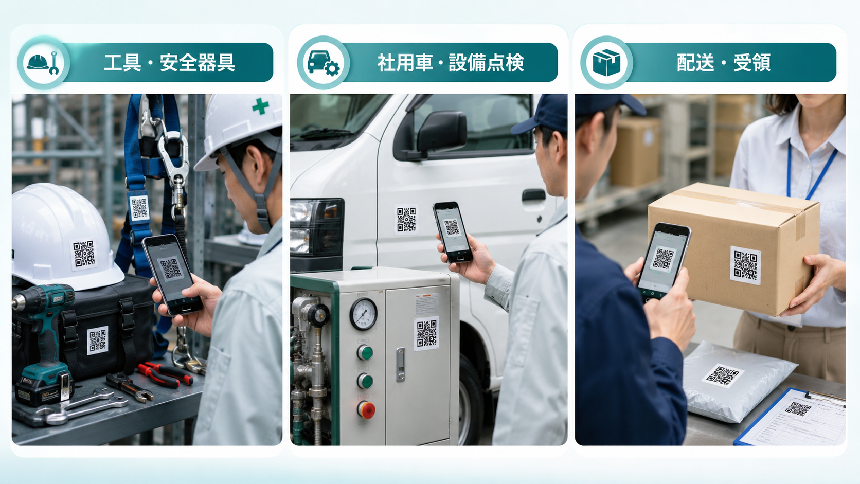 3つの用途例を横並びで示す法人向けイメージ。左は工具や安全器具にQRラベルを貼ってスマートフォンで読み取る場面、中央は社用車や設備に貼ったQRを点検担当者が読み取る場面、右は配送袋や伝票のQRを受領時に読み取る場面。文字は最小限、青緑系、図内文章は最小限、できるだけ日本語。