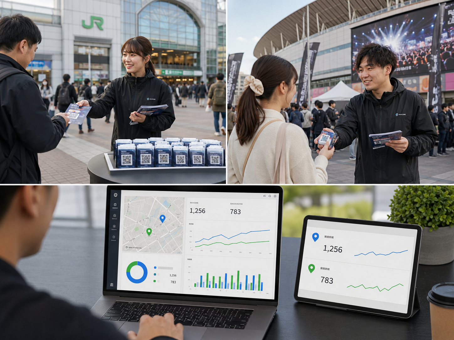 駅前やイベント会場でスタッフがQRコード付きティッシュやチラシを配布し、配布場所ごとの読み取り状況が管理画面に反映されているイメージ。