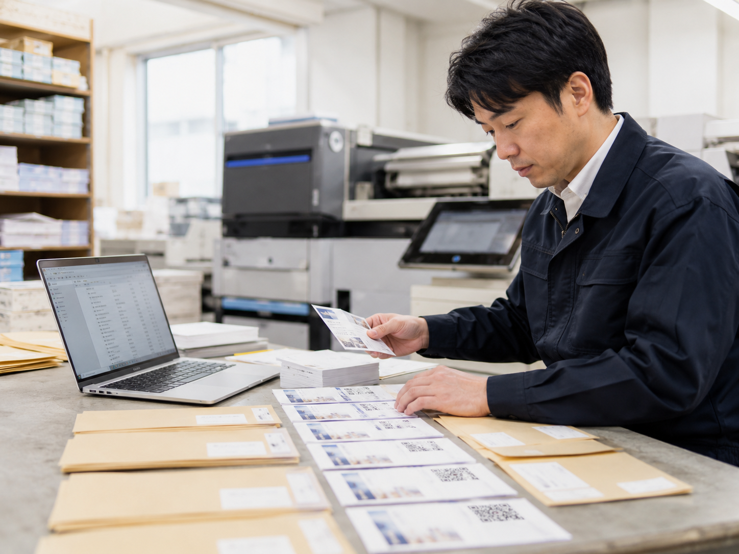 印刷会社の担当者がDM発送リストを確認し、宛先ごとに異なるQRコードを印刷したダイレクトメールを準備している写真品質のイメージ。