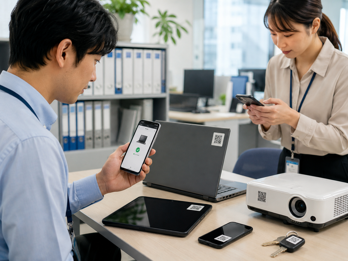 情報システム部や総務部の担当者が、ノートPC、タブレット、スマートフォン、プロジェクター、鍵などの会社備品に貼られたQRコードを読み取り、従業員への貸出状況を確認しているイメージ。