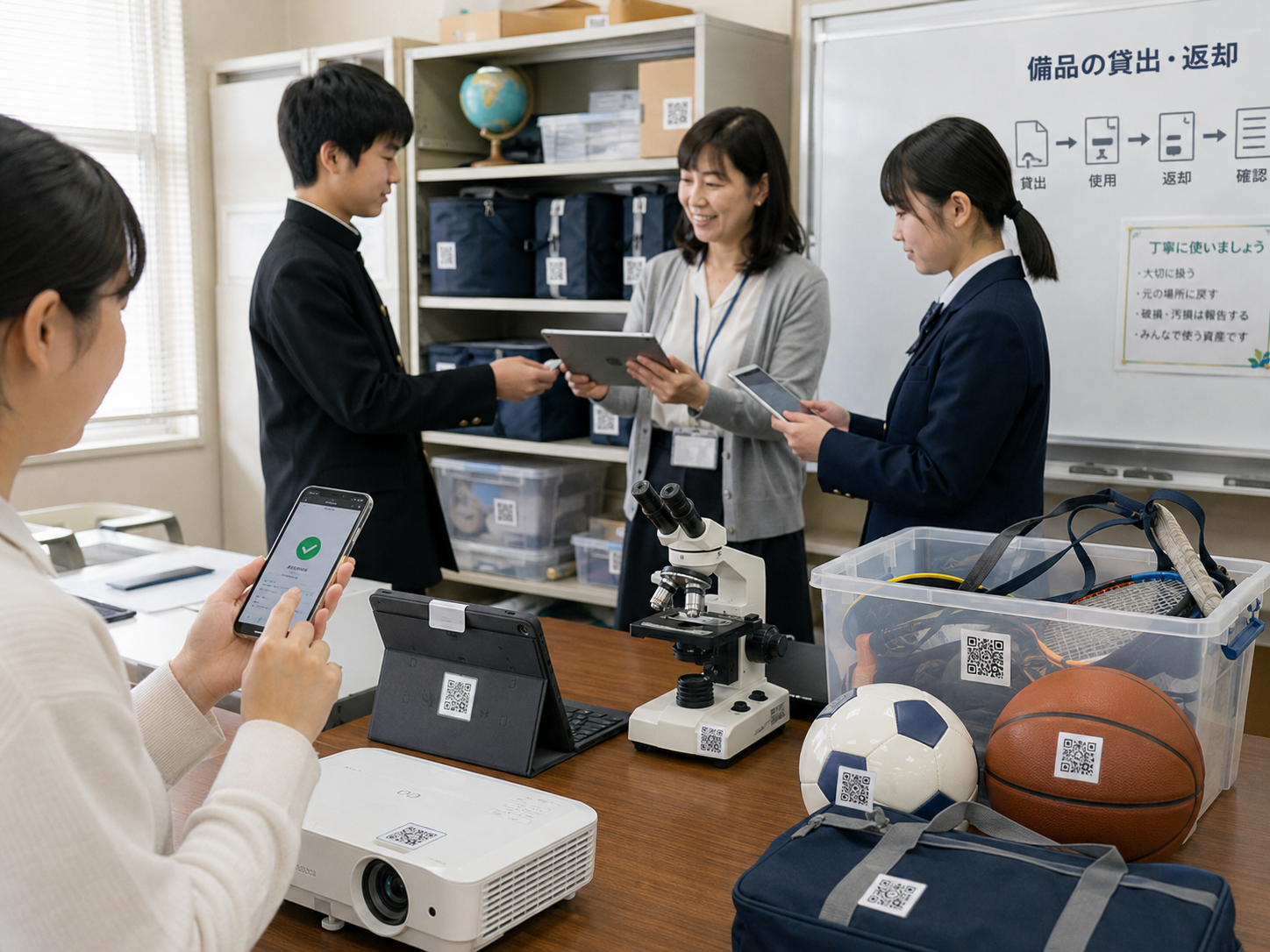 学校の教室や職員室で、タブレット端末、理科備品、部活動用具、プロジェクターにQRコードが貼られ、教職員や生徒が貸出・返却を記録しているイメージ。