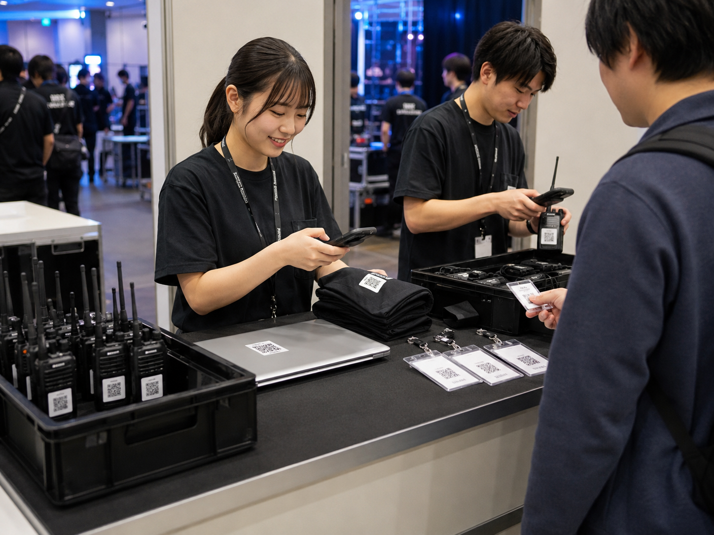 イベント会場の受付で、無線機、PC、スタッフ用ユニフォーム、スタッフ証などに貼られたQRコードをアルバイトスタッフが読み取り、貸出・返却をスピーディに処理しているイメージ。