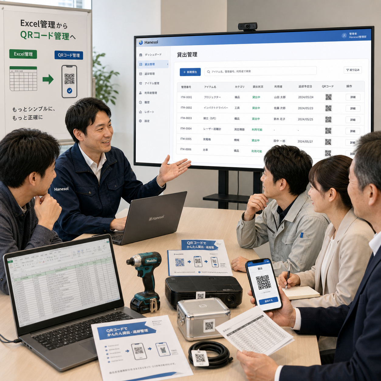 ハネソルの担当者が、情報システム部、総務部、現場責任者、レンタル事業者と打ち合わせを行い、Excel台帳からQRコードを使ったレンタル管理へ移行する相談をしているイメージ。PC画面には貸出管理のWebデータベース画面が表示されている。画像内テキストは最小限。