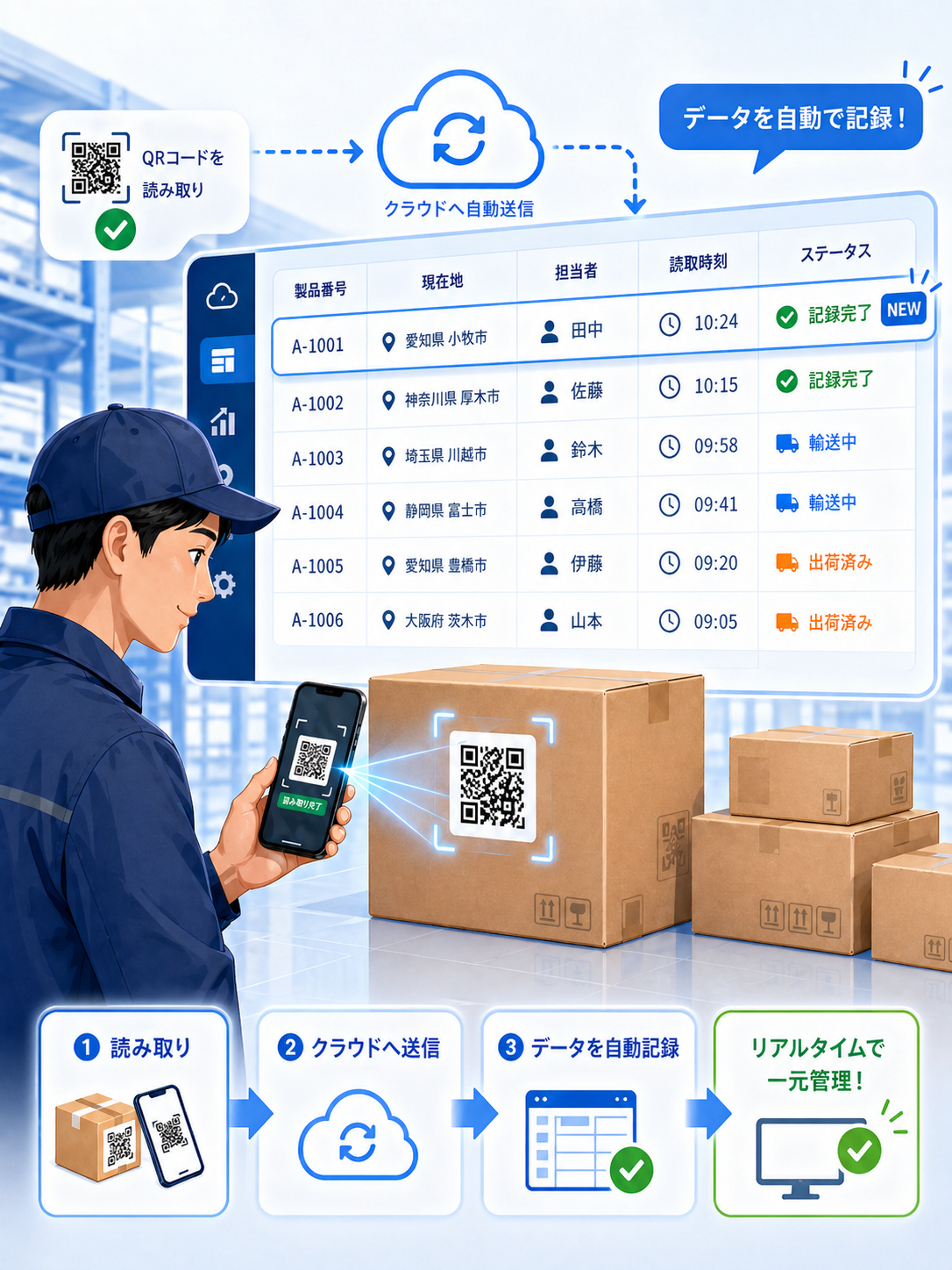 作業員が配送箱のQRコードをスマートフォンで読み取り、クラウド上の一覧表に時刻・場所・担当者が自動記録される仕組みを表したイメージ