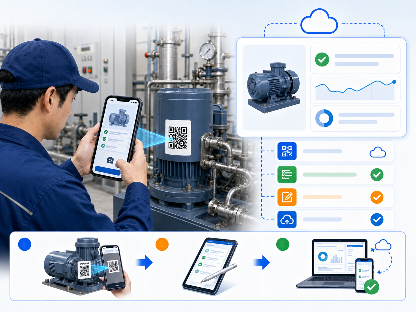 設備や保守点検対象に貼られたQRコードを読み取り、点検結果や作業メモをスマートフォンで登録しているイメージ